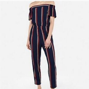 EXPRESS NWT Navy Blue off Shoulder Stripe One Piece Jumpsuit Pantsuit Size M